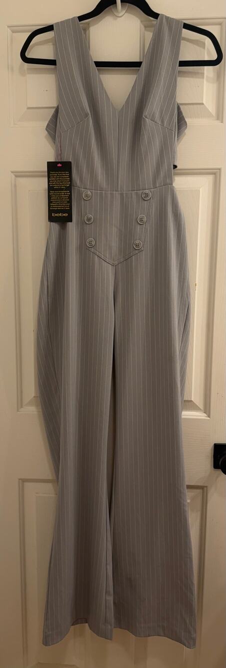 Bebe Size 0 Gray Pinstripe Cutout Wide Leg Jumpsuit NWT